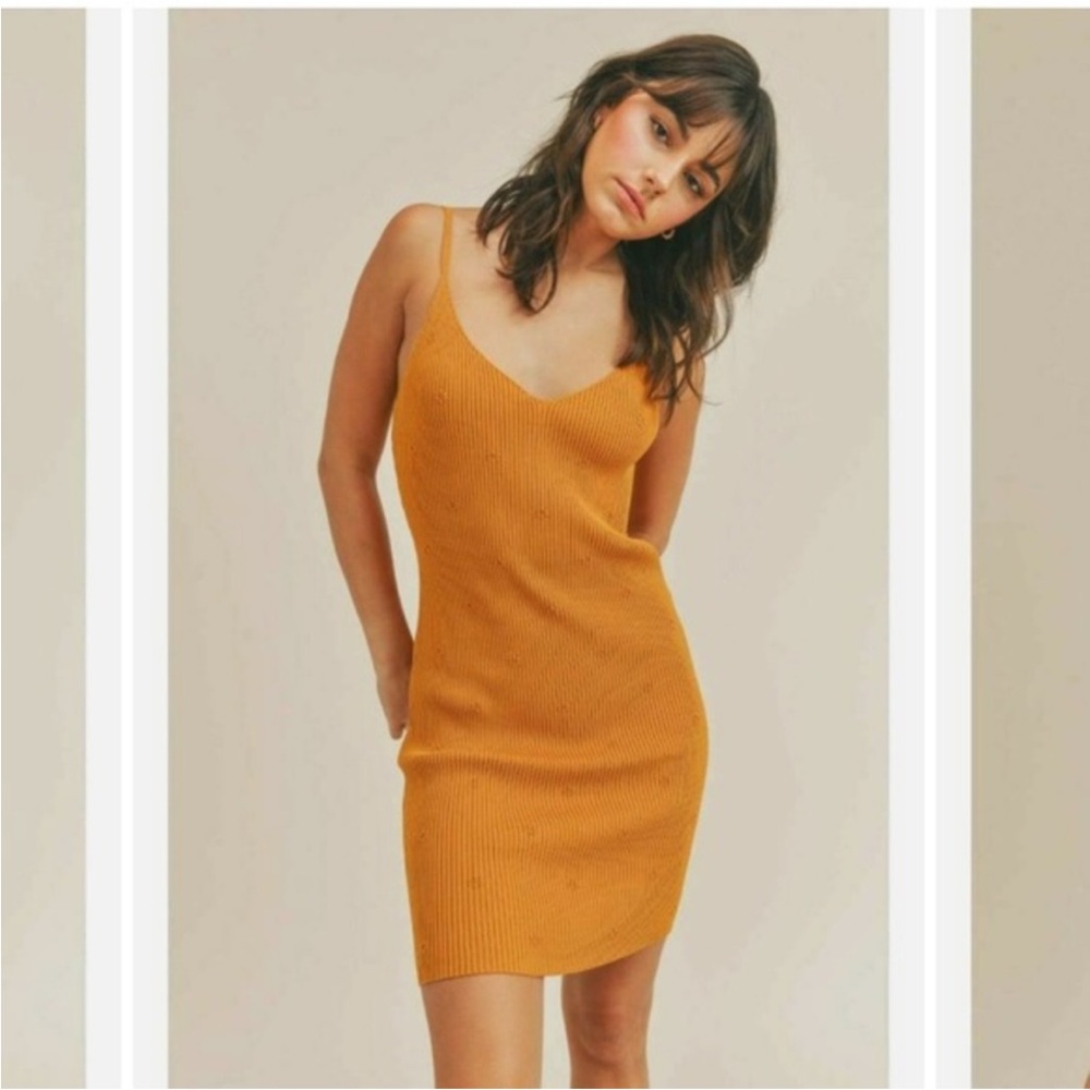 NWT Sage The Label Bethany Textured Rib Mustard Yellow Knit Dress Size Medium